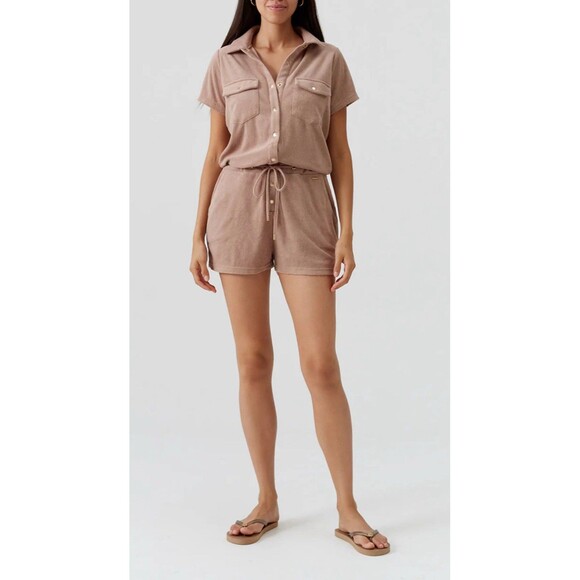 MELISSA ODABASH Cheryl Playsuit Romper Large Almond Beige Brown NEW Lounge Swim - Picture 3 of 13